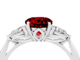 Silver Three-Stone Round Cut Ruby Ring with Pear  Side Stones in Four-Prong Setting_58