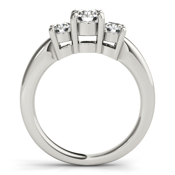 Silver Three-Stone Round Cut Solitaire Ring with Cathedral Band and Four-Prong Setting