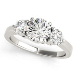 10K White Gold Three-Stone 5.08 Carat E VVS2 Round Cut Solitaire Ring with Prong Setting on a Classic Band