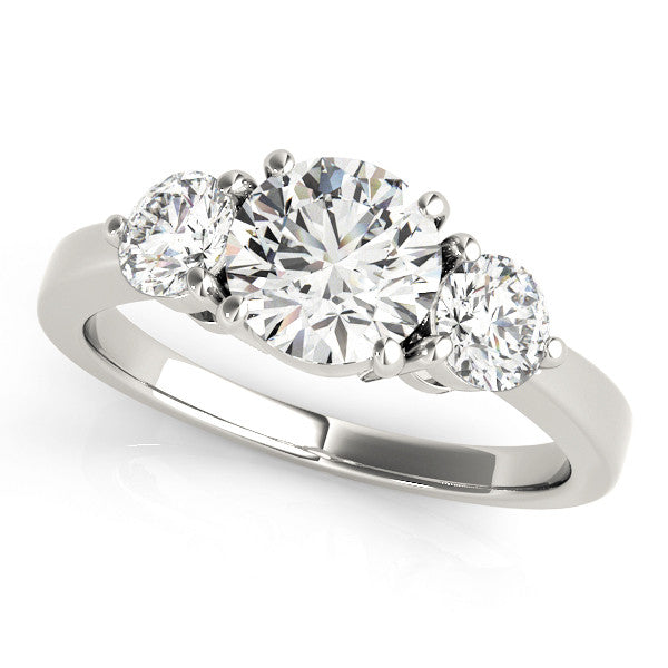 10K White Gold Three-Stone 5.08 Carat E VVS2 Round Cut Solitaire Ring with Prong Setting on a Classic Band