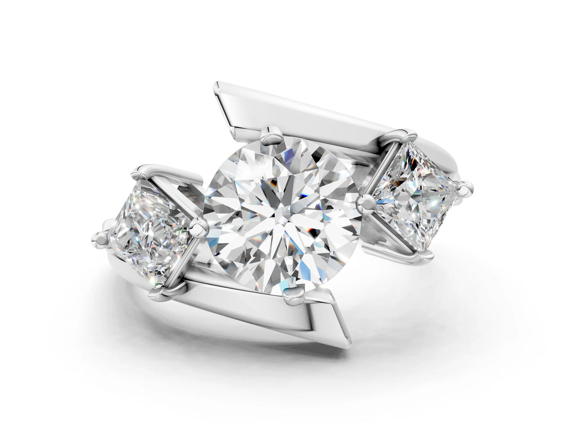 Silver Three-Stone Round Cut Tension Band Ring with Four-Prong Setting_12