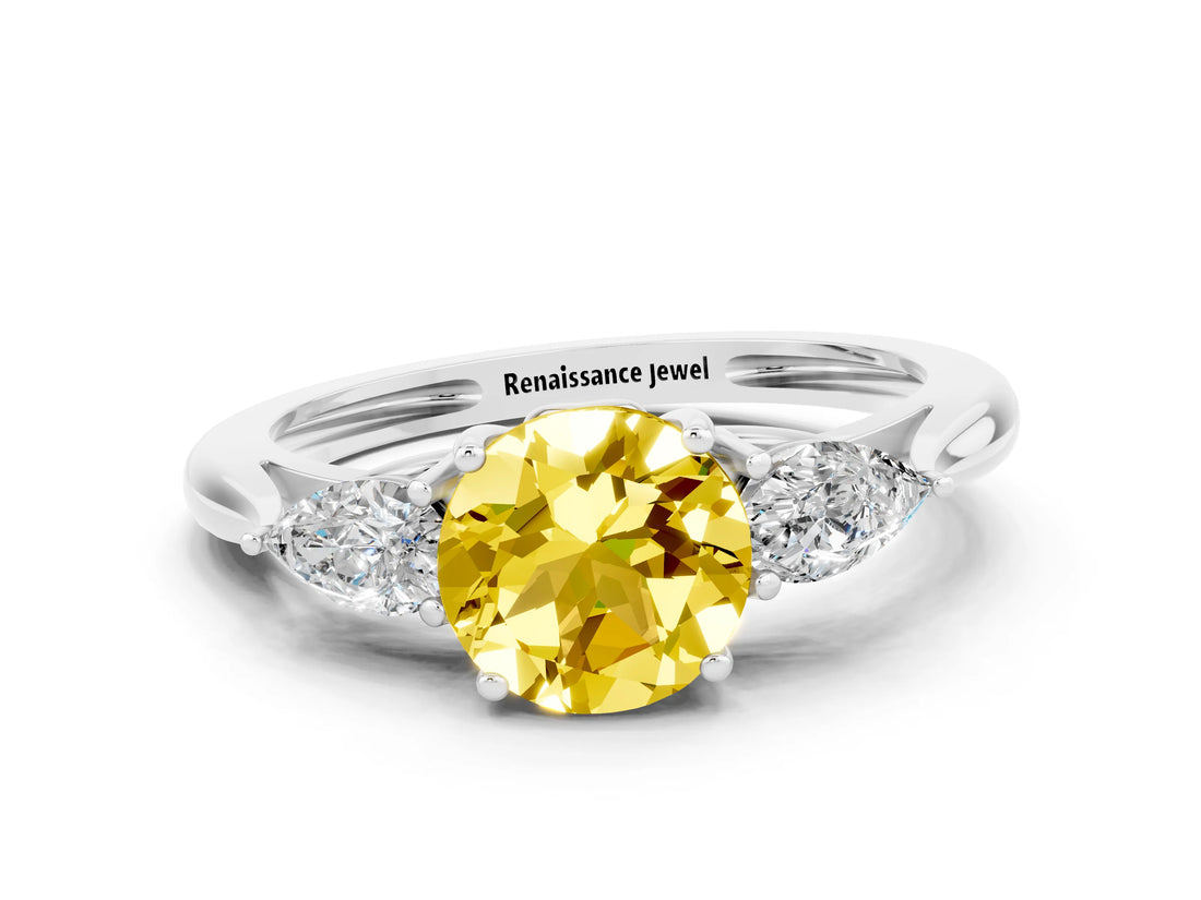 Silver Three-Stone Round Cut Yellow Sapphire Ring with Pear  Side Stones in Four-Prong Setting_54