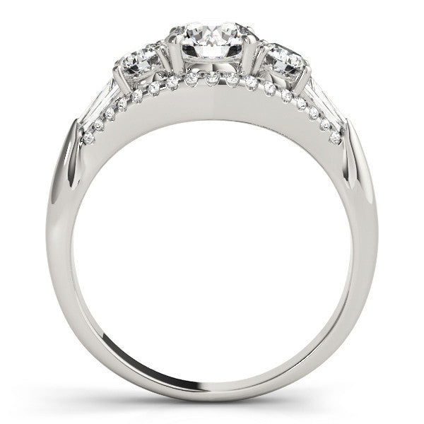 Silver Three-Stone Round Diamond Engagement Ring with Pave Band and Prong Setting 1