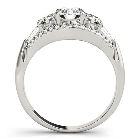 Silver Three-Stone Round Diamond Engagement Ring with Pave Band and Prong Setting 1