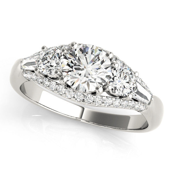 Silver Three-Stone Round Diamond Engagement Ring with Pave Band and Prong Setting