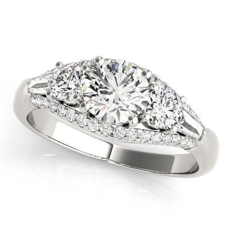 Silver Three-Stone Round Diamond Engagement Ring with Pave Band and Prong Setting
