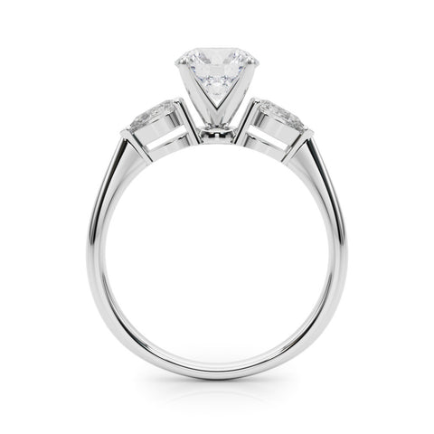Silver Three-Stone Round Diamond Ring with Pear Side Stones on a Platinum Band with Four-Prong Setting 1