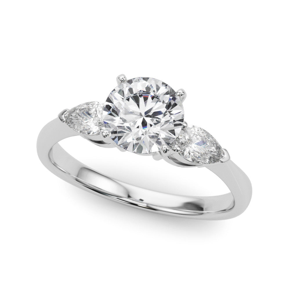 Silver Three-Stone Round Diamond Ring with Pear Side Stones on a Platinum Band with Four-Prong Setting 2