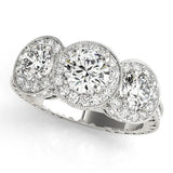 Silver Three-Stone Round Halo Diamond Milgrain Band with Four-Prong Setting