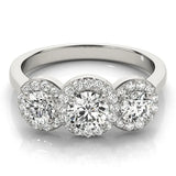 Silver Three-Stone Round Halo Diamond Ring with Pavé Band and Prong Setting 2