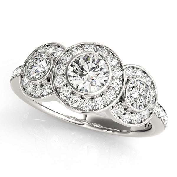 Silver Three-Stone Round Halo Pavé Diamond Ring 1
