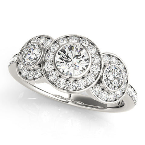 Silver Three-Stone Round Halo Pavé Diamond Ring 1
