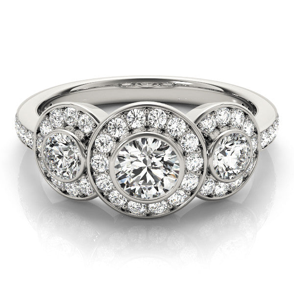 Silver Three-Stone Round Halo Pavé Diamond Ring 2