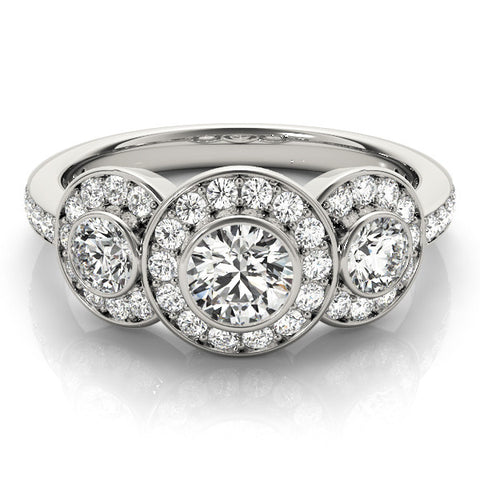 Silver Three-Stone Round Halo Pavé Diamond Ring 2