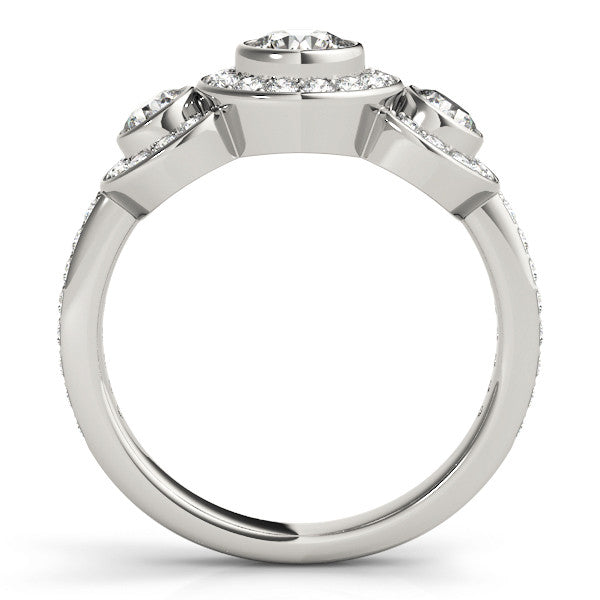 Silver Three-Stone Round Halo Pavé Diamond Ring