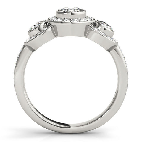Silver Three-Stone Round Halo Pavé Diamond Ring