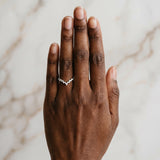 Silver V-Shaped Diamond Cluster Curved Band with Round Brilliant Cut Stones and Prong Setting
