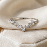 Silver V-Shaped Diamond Cluster Curved Band with Round Brilliant Cut Stones and Prong Setting