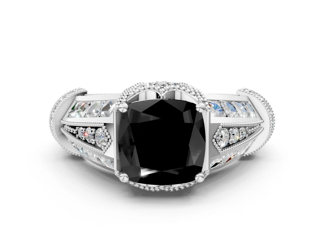 Silver Vintage Milgrain Fancy Black Cushion Cut Diamond Split Shank Ring with Prong Setting_6