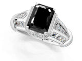 Silver Vintage Milgrain Fancy Black Emerald Cut Diamond Split Shank Ring with Prong Setting_7
