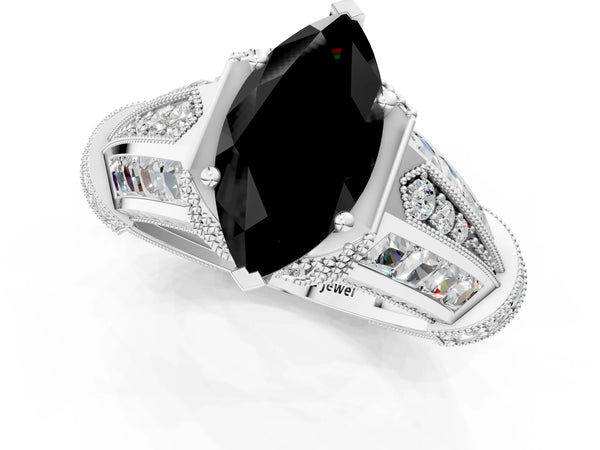 Sterling Silver Marquise Vintage Hidden Halo Engagement Ring Setting for Black Center