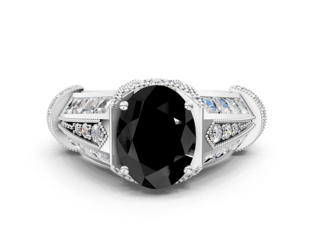 Silver Vintage Milgrain Fancy Black Oval Cut Diamond Split Shank Ring with Prong Setting