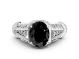 Silver Vintage Milgrain Fancy Black Oval Cut Diamond Split Shank Ring with Prong Setting