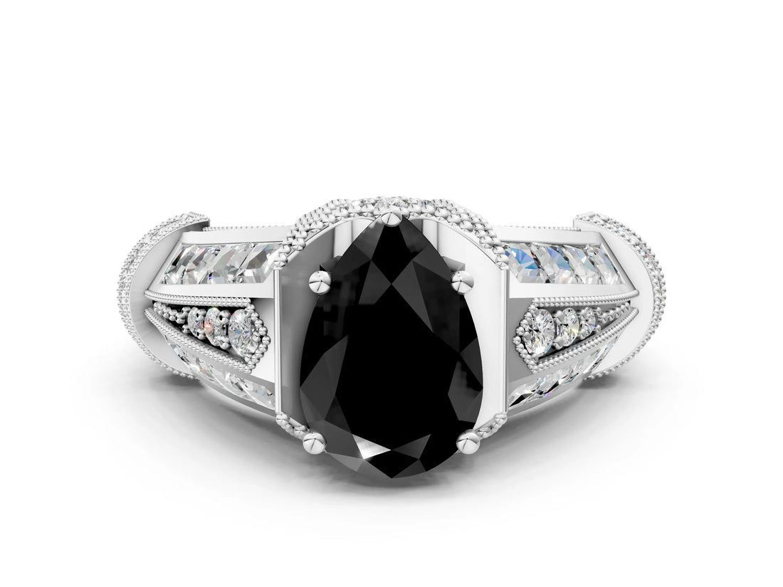 Silver Vintage Milgrain Fancy Black Pear Cut Diamond Split Shank Ring with Prong Setting