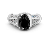 Silver Vintage Milgrain Fancy Black Pear Cut Diamond Split Shank Ring with Prong Setting