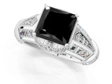 Silver Vintage Milgrain Fancy Black Princess Cut Diamond Split Shank Ring with Prong Setting_1