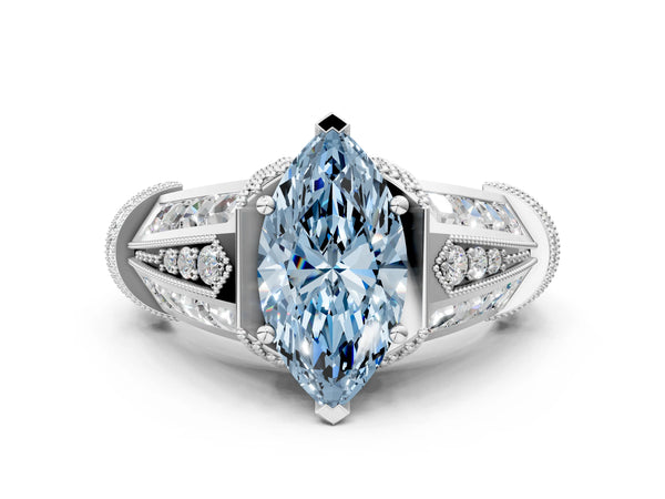 Sterling Silver Marquise Vintage Engagement Ring Setting for Fancy Blue Center - Design RJ-751