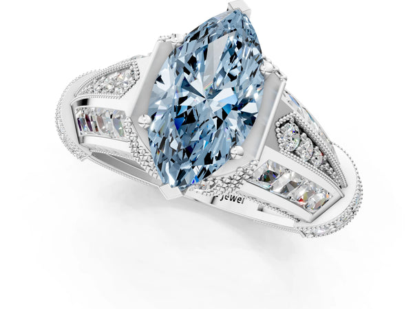 Sterling Silver Marquise Vintage Engagement Ring Setting for Fancy Blue Center - Design RJ-751