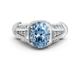Silver Vintage Milgrain Fancy Blue Oval Cut Diamond Split Shank Ring with Prong Setting_6