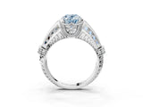 Silver Vintage Milgrain Fancy Blue Oval Cut Diamond Split Shank Ring with Prong Setting_9