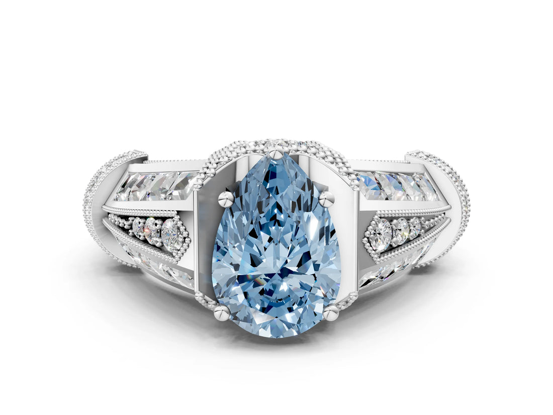 Silver Vintage Milgrain Fancy Blue Pear Cut Diamond Split Shank Ring with Prong Setting