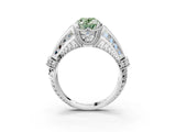 Silver Vintage Milgrain Fancy Green Oval Cut Diamond Split Shank Ring with Prong Setting_3