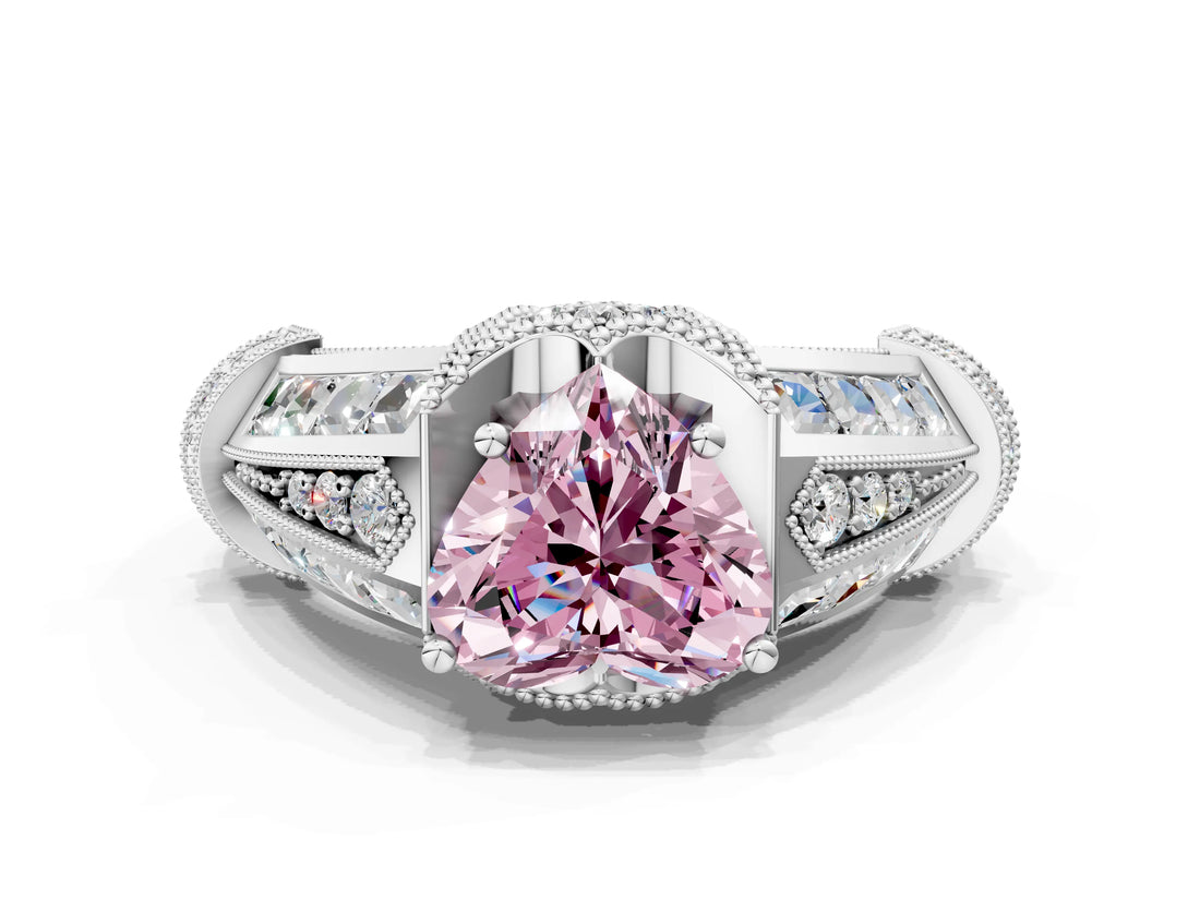 Silver Vintage Milgrain Fancy Pink Heart Cut Diamond Split Shank Ring with Prong Setting