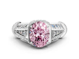 Silver Vintage Milgrain Fancy Pink Oval Cut Diamond Split Shank Ring with Prong Setting_6