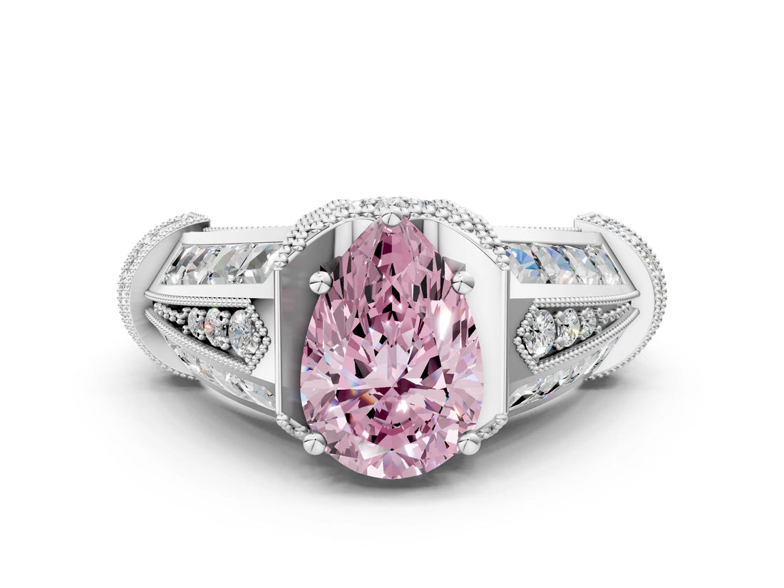 Silver Vintage Milgrain Fancy Pink Pear Cut Diamond Split Shank Ring with Prong Setting