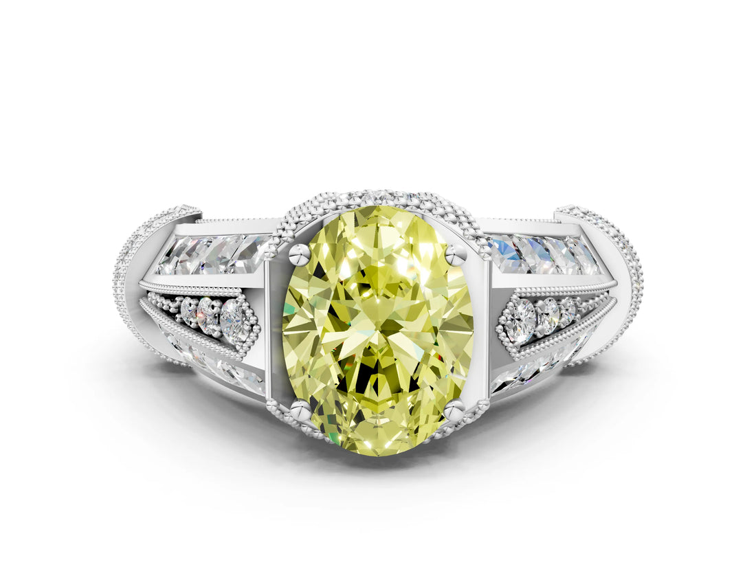 Silver Vintage Milgrain Fancy Yellow Oval Cut Diamond Split Shank Ring with Prong Setting_6