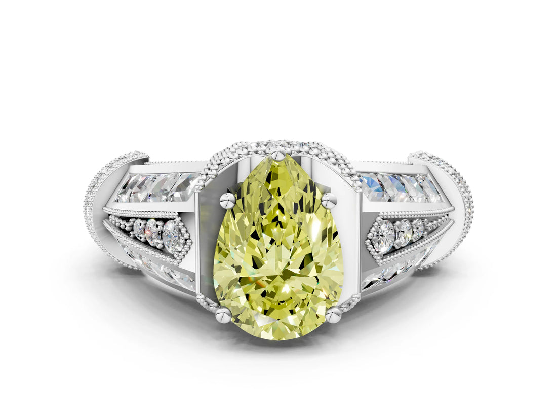Silver Vintage Milgrain Fancy Yellow Pear Cut Diamond Split Shank Ring with Prong Setting_6
