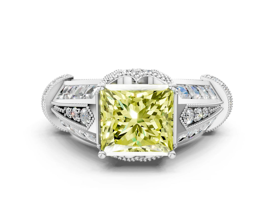 Silver Vintage Milgrain Fancy Yellow Princess Cut Diamond Split Shank Ring with Prong Setting_6