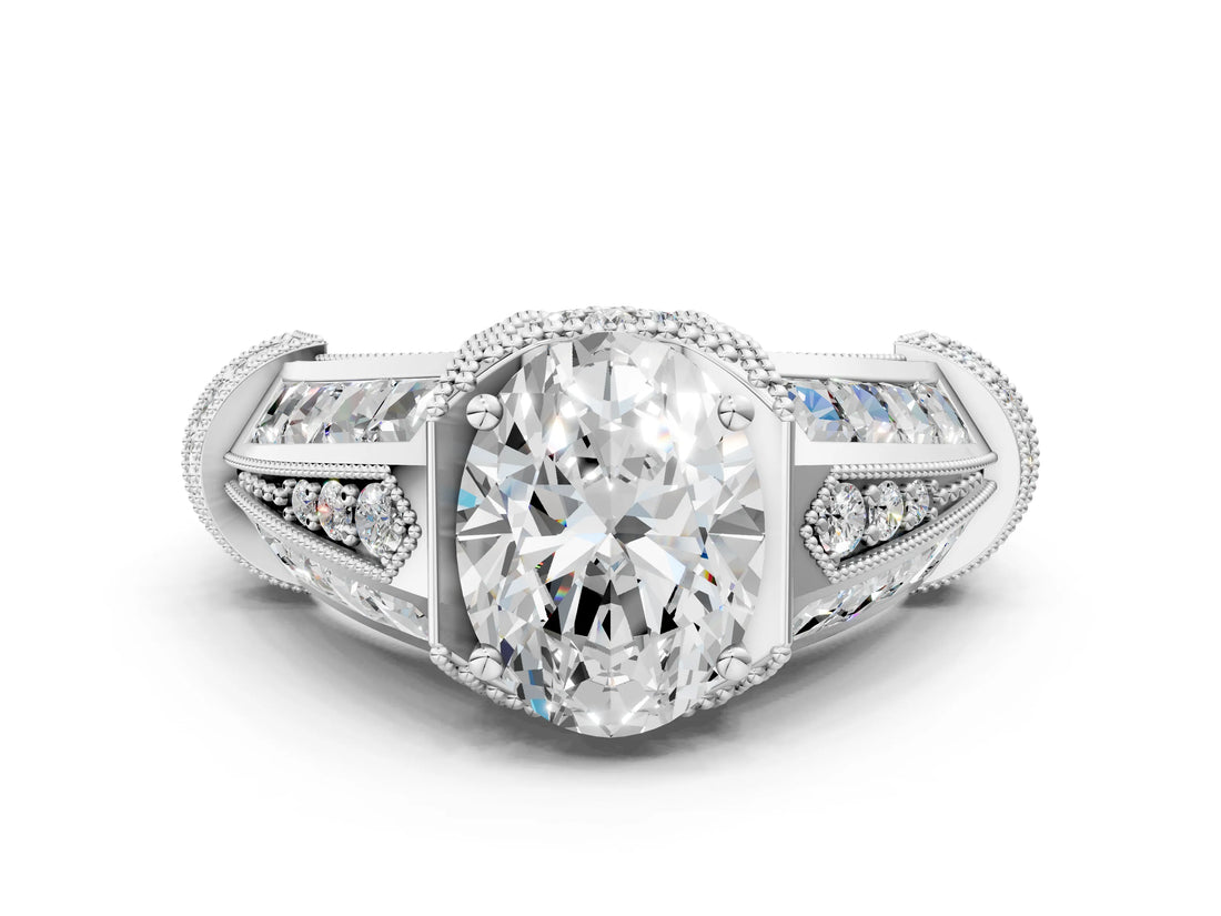Silver Vintage Milgrain Oval Cut Diamond Split Shank Ring with Prong Setting_13