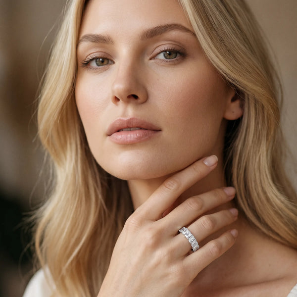 Platinum radiant cut diamond half eternity band with shared prong setting