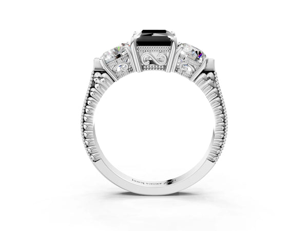 Sterling Silver Radiant Cut Vintage Three Stone Engagement Ring Setting for Black Center