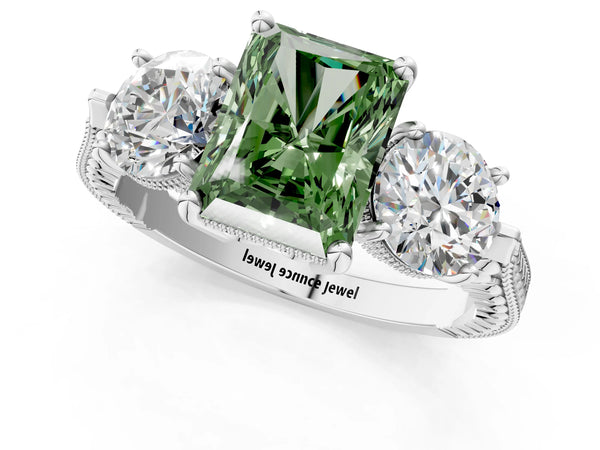 Sterling Silver Radiant Cut Vintage Three Stone Engagement Ring Setting for Fancy Green Center