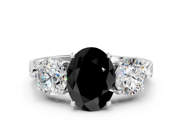 White Gold Oval Vintage Three Stone Engagement Ring Setting for Black Center