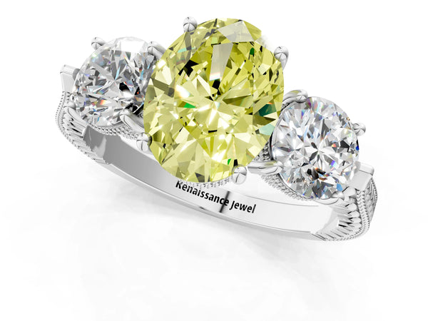 White Gold Oval Vintage Three Stone Engagement Ring Setting for Fancy Yellow Center
