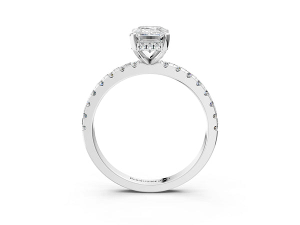 0.5 Carat Emerald Cut White gold Diamond Solitaire Ring with Round  Pavé Band and Four-Prong Setting