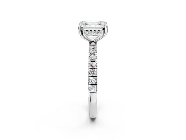 1 Carat Asscher Cut White gold Diamond Pave Band Solitaire Ring with Round  and Prong Setting